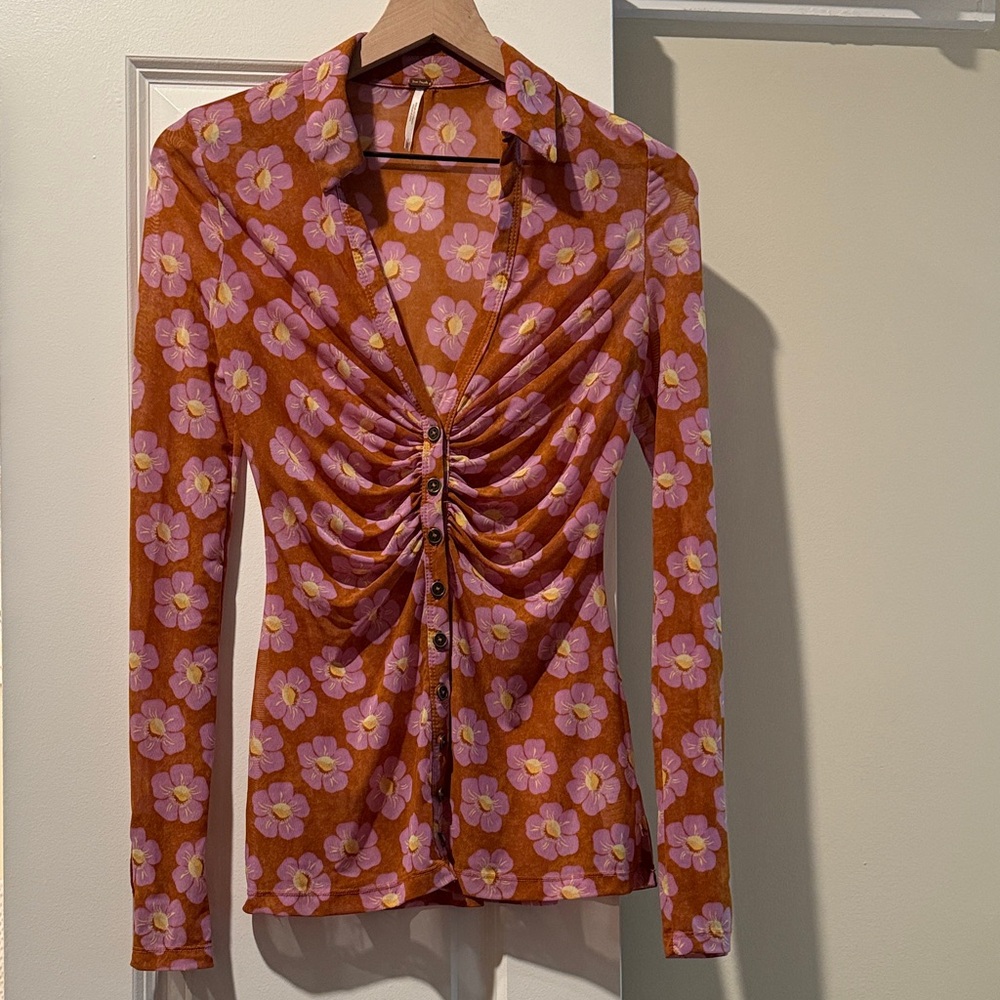 Free People Floral Ruched Blouse - Orange and Pink
